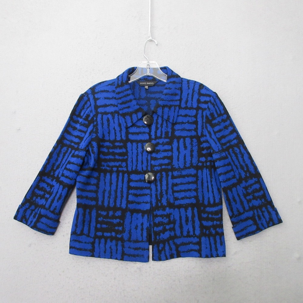 Ming Wang Sweater Blazer Blue Black Geometric Knit Button Art To‎ Wear Timeless